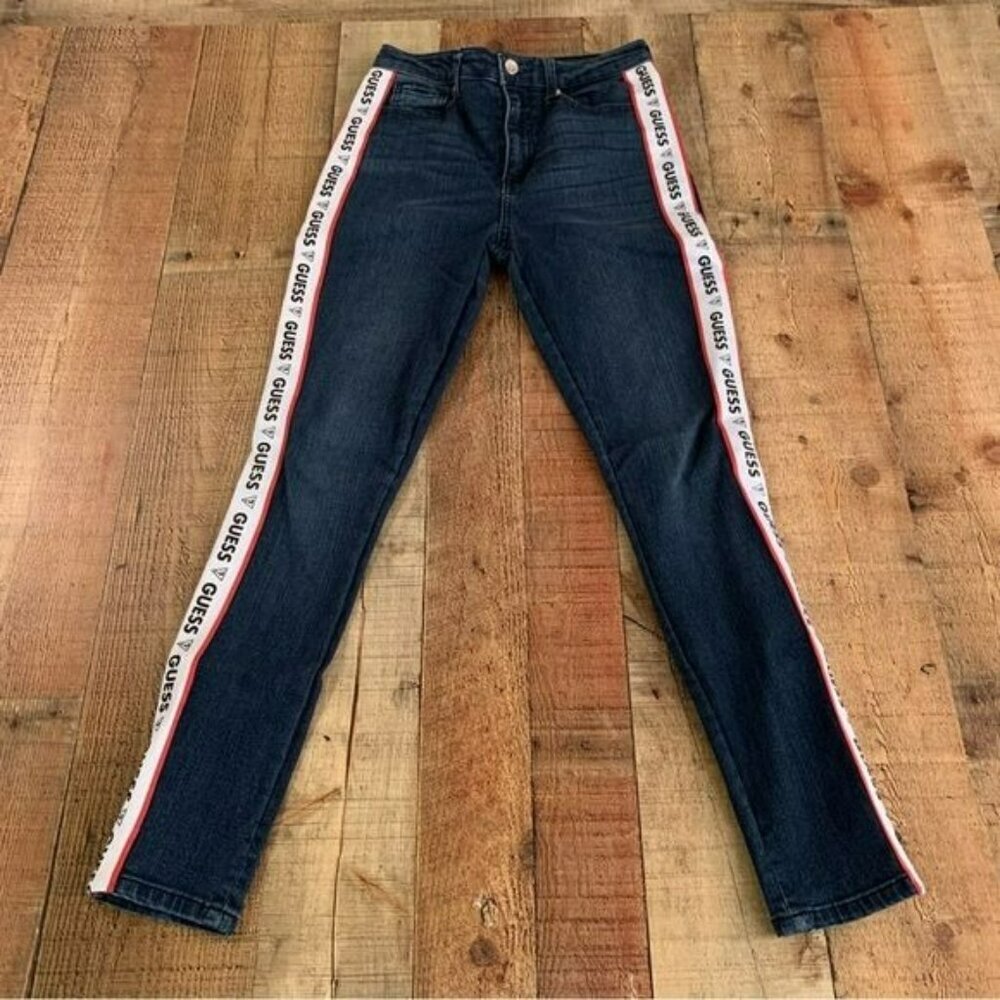 Guess Dark Blue Skinny Jeans with White & Red Logo Side Stripes